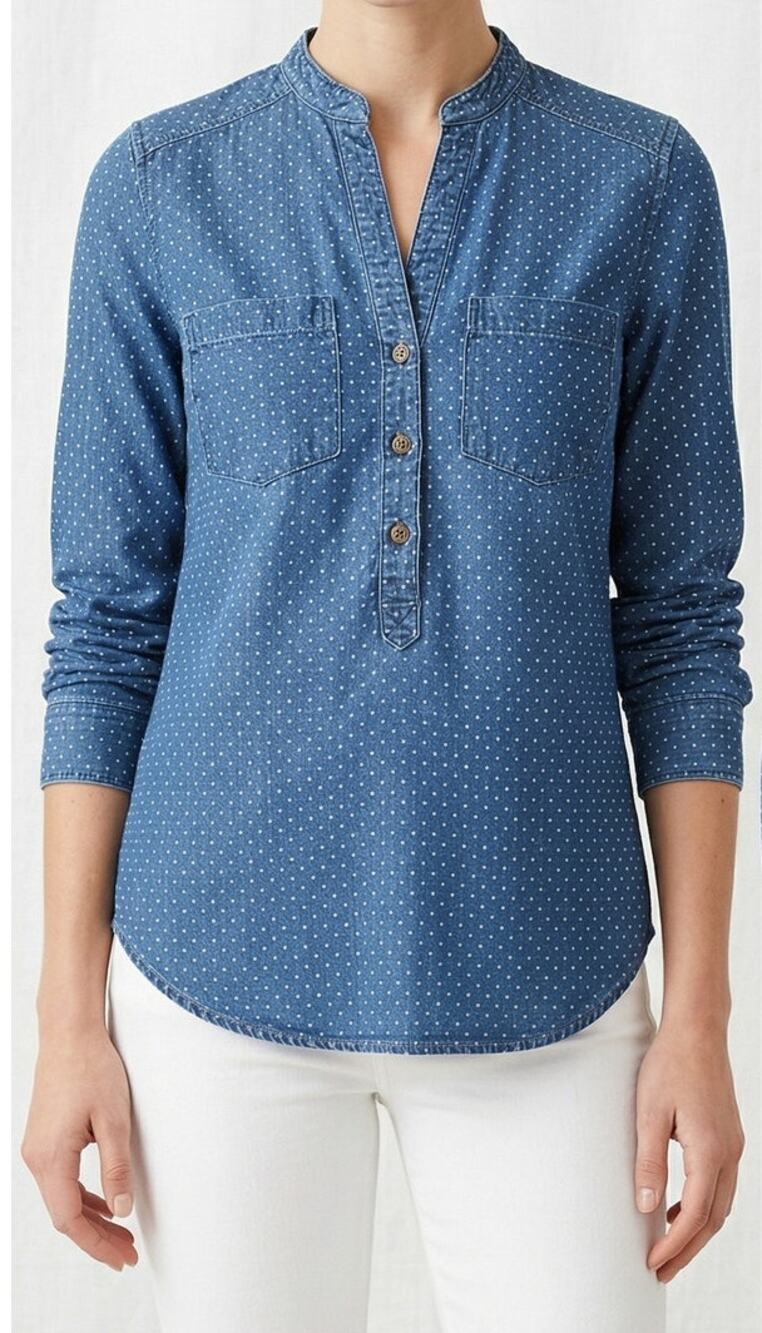 Lauren Conrad Womens XS Blue Chambray Shirt Small White Polka Dots